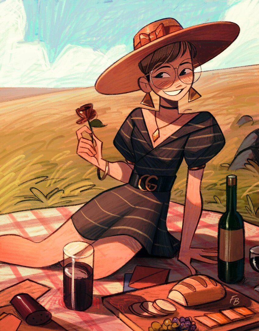 1girl arm_support belt blanket bottle bracelet brand_name_imitation bread choker cloud cloudy_sky commentary day dress earrings english_commentary flower food friedbaens fruit glass glasses grapes highres holding holding_flower jewelry looking_at_viewer meadow necklace on_ground original outdoors rose round_eyewear short_hair sitting sky solo striped_clothes striped_dress triangle_earrings wine_bottle yokozuwari