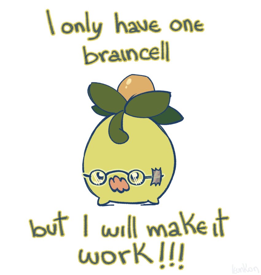 colored_skin commentary creatures_(company) english_commentary english_text game_freak glasses green_skin highres leunkon nintendo no_humans olive open_mouth pokemon pokemon_(creature) round_eyewear simple_background smoliv tape wavy_mouth white_background