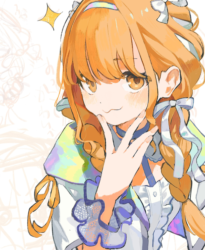 1girl :3 absurdres blonde_hair blush braid center_frills commentary_request fingernails frilled_wristband frills fujita_kotone gakuen_idolmaster hair_ribbon highres idolmaster looking_at_viewer onigiri_(vuhz5735) ribbon ribbon_braid sekaiichi_kawaii_watashi_(idolmaster) solo sparkle twin_braids upper_body white_ribbon yellow_eyes