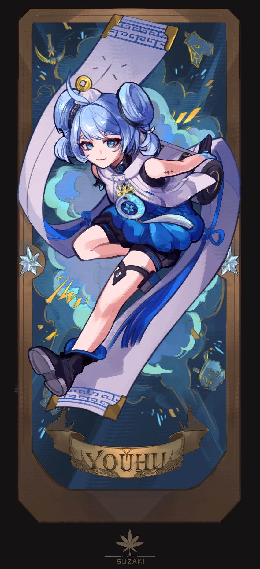 1girl absurdres ahoge aqua_eyes artist_logo bare_shoulders black_boots black_gloves black_shorts blue_hair blue_shirt boots card_(medium) character_name closed_mouth commentary full_body gloves hat highres jacket logo looking_at_viewer pangu_terminal_(wuthering_waves) pouch shirt short_hair shorts smile solo steve_zheng tacet_mark_(wuthering_waves) thigh_pouch two_side_up white_hat white_jacket wuthering_waves youhu_(wuthering_waves)