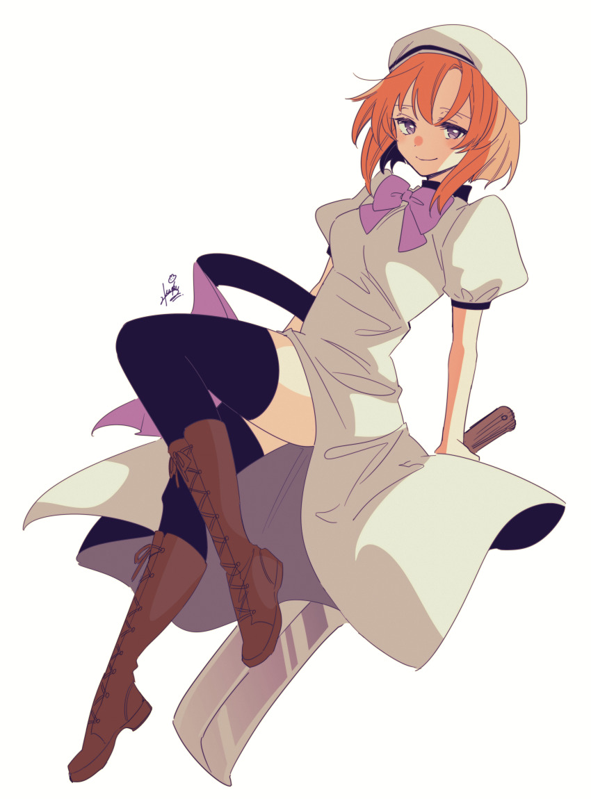 1girl absurdres adachi_imaru beret black_thighhighs blue_eyes boots bow bowtie brown_boots full_body half-closed_eyes hat hatchet highres higurashi_no_naku_koro_ni holding holding_weapon invisible_chair lace-up_boots nata_(tool) orange_hair puffy_short_sleeves puffy_sleeves purple_bow purple_bowtie purple_eyes ryuuguu_rena short_hair short_sleeves simple_background sitting smile solo thighhighs weapon white_background white_hat