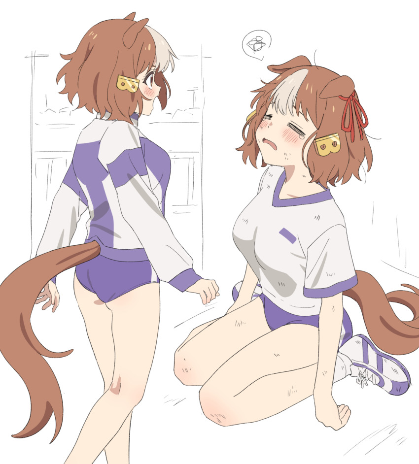1girl animal_ears belno_light_(umamusume) blue_buruma blue_jacket brown_hair buruma closed_eyes commentary dirty dirty_clothes dirty_face ears_down gym_shirt hair_ornament highres horse_ears horse_girl horse_tail jacket kasamatsu_tracen_training_uniform letter_hair_ornament long_sleeves looking_to_the_side multicolored_hair multiple_views open_mouth rakushi_(kamekameha222) shirt shoes short_hair short_sleeves sitting sneakers socks spoken_squiggle squiggle standing t-shirt tail tearing_up track_jacket two-tone_hair umamusume umamusume:_cinderella_gray wariza white_hair white_shirt white_shoes white_socks