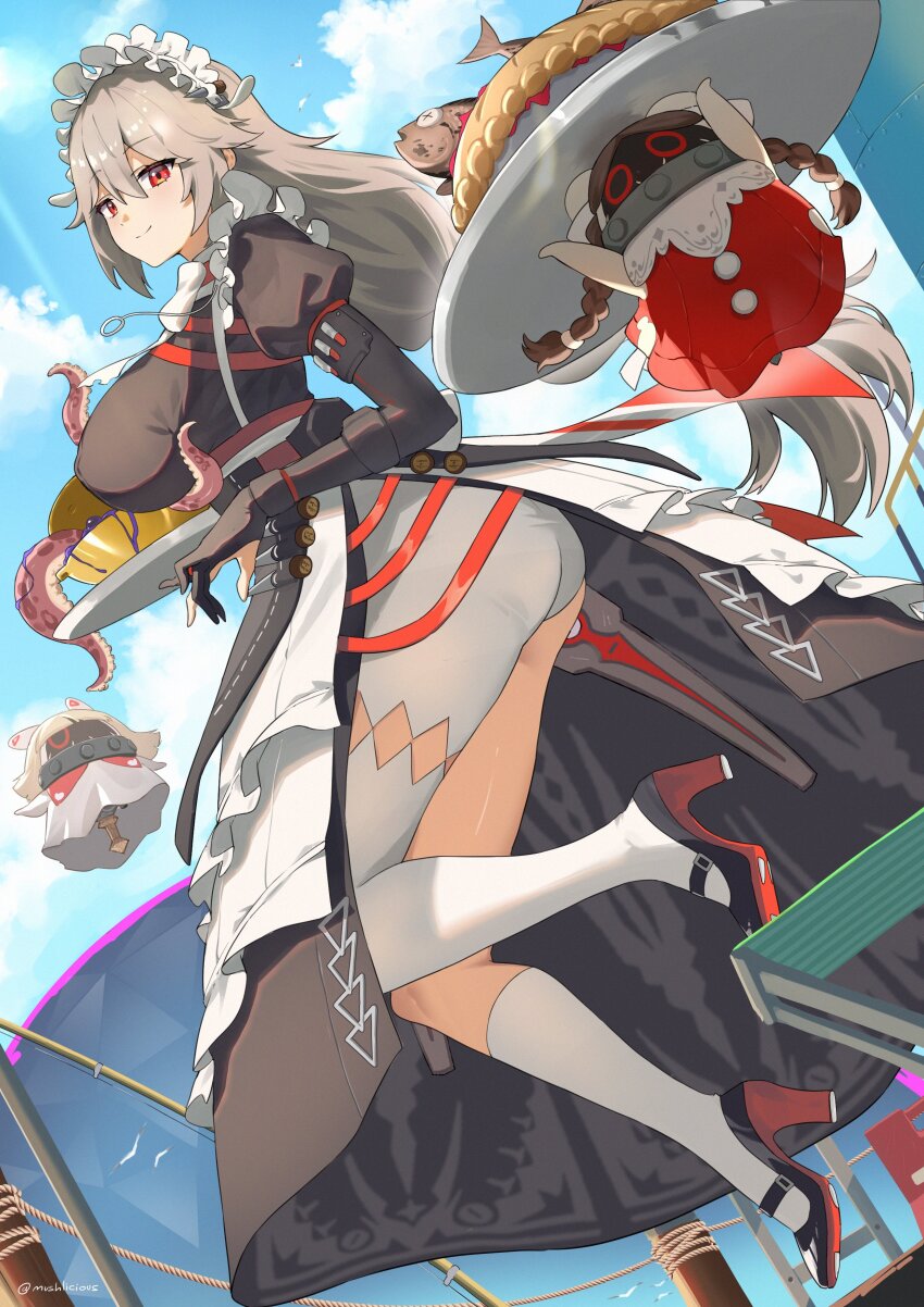 1girl absurdres alexandrina_sebastiane anastella_(zenless_zone_zero) ass bad_food bangboo_(zenless_zone_zero) black_dress black_gloves blue_sky breasts commentary dress drusilla_(zenless_zone_zero) elbow_gloves english_commentary gloves grey_hair high_heels highres large_breasts long_hair maid maid_headdress mush_(mushlicious) outdoors pantyhose red_eyes single_leg_pantyhose sky smile socks tentacles very_long_hair white_pantyhose white_socks zenless_zone_zero