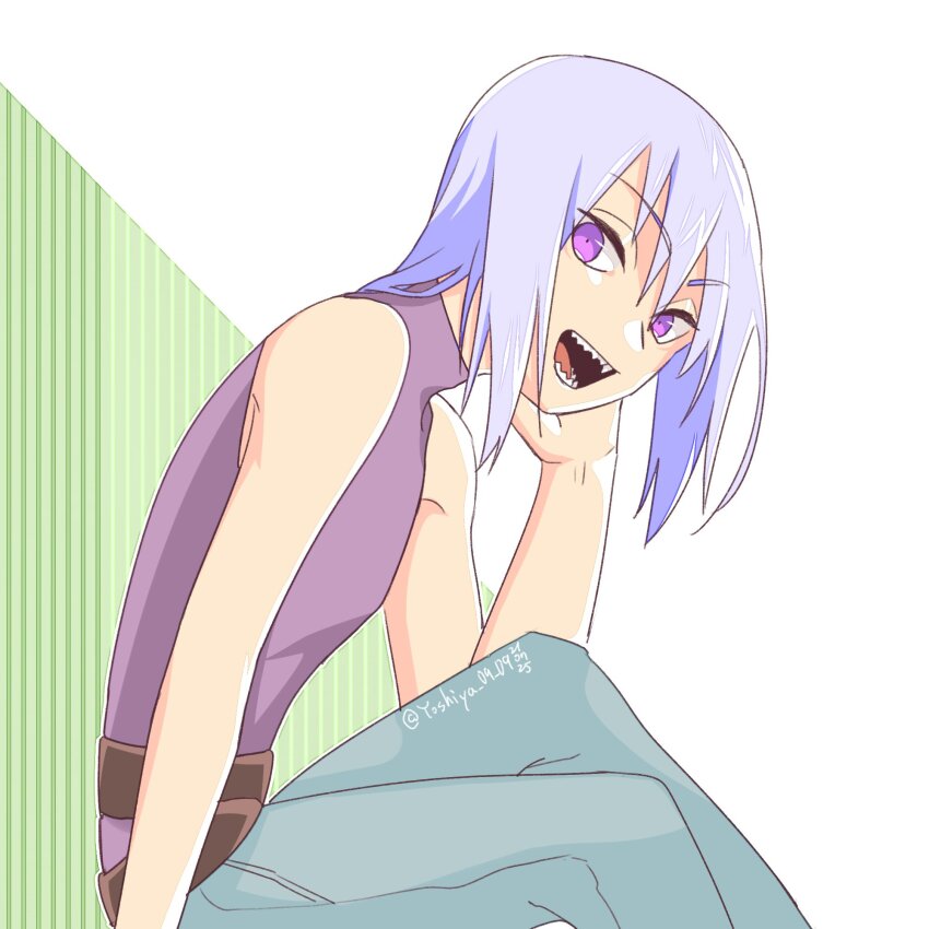 belt blue_pants hand_on_own_cheek hand_on_own_face highres hoozuki_suigetsu looking_at_viewer male_focus naruto_(series) naruto_shippuuden one_knee_up open_mouth pants purple_eyes purple_shirt sharp_teeth shirt skinny sleeveless smile solo spiked_hair teeth white_hair yoshiya0909