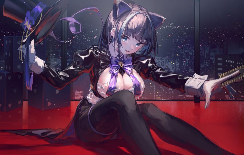 1girl absurdres animal_ears aqua_eyes azur_lane black_pantyhose black_shirt bow bowtie breasts card cat_ears cheshire_(azur_lane) cheshire_(the_cat_in_the_magic_hat)_(azur_lane) cleavage crop_top extra_ears feet_out_of_frame framed_breasts hat highres holding holding_card holding_unworn_clothes holding_unworn_hat indoors juliet_sleeves large_breasts leather_shirt leotard long_sleeves looking_at_viewer open_mouth pantyhose playing_card puffy_sleeves see-through_clothes see-through_leotard shirt short_hair sidelocks sitting smile solo top_hat unworn_hat unworn_headwear window yu_hydra