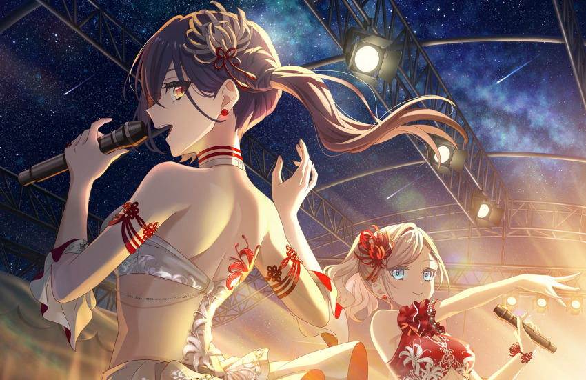 2girls :d back bare_shoulders bikini blue_eyes breasts ceras_yanagida_lilienfeld cleavage_cutout closed_mouth clothing_cutout edel_note floral_print floral_print_bikini flower flower_knot frilled_bikini frills fusion_crust_(love_live!) game_cg grey_hair hair_flower hair_ornament halterneck highres holding holding_microphone katsuragi_izumi large_breasts link!_like!_love_live! long_hair love_live! median_furrow medium_breasts microphone multiple_girls night night_sky non-web_source official_alternate_costume official_alternate_hairstyle official_art open_mouth orange_eyes ponytail print_bikini profile red_bikini red_flower shoulder_blades side_ponytail sky smile spider_lily spider_lily_print stage swimsuit tassel tassel_hair_ornament teeth upper_teeth_only virtual_youtuber white_bikini white_flower white_spider_lily