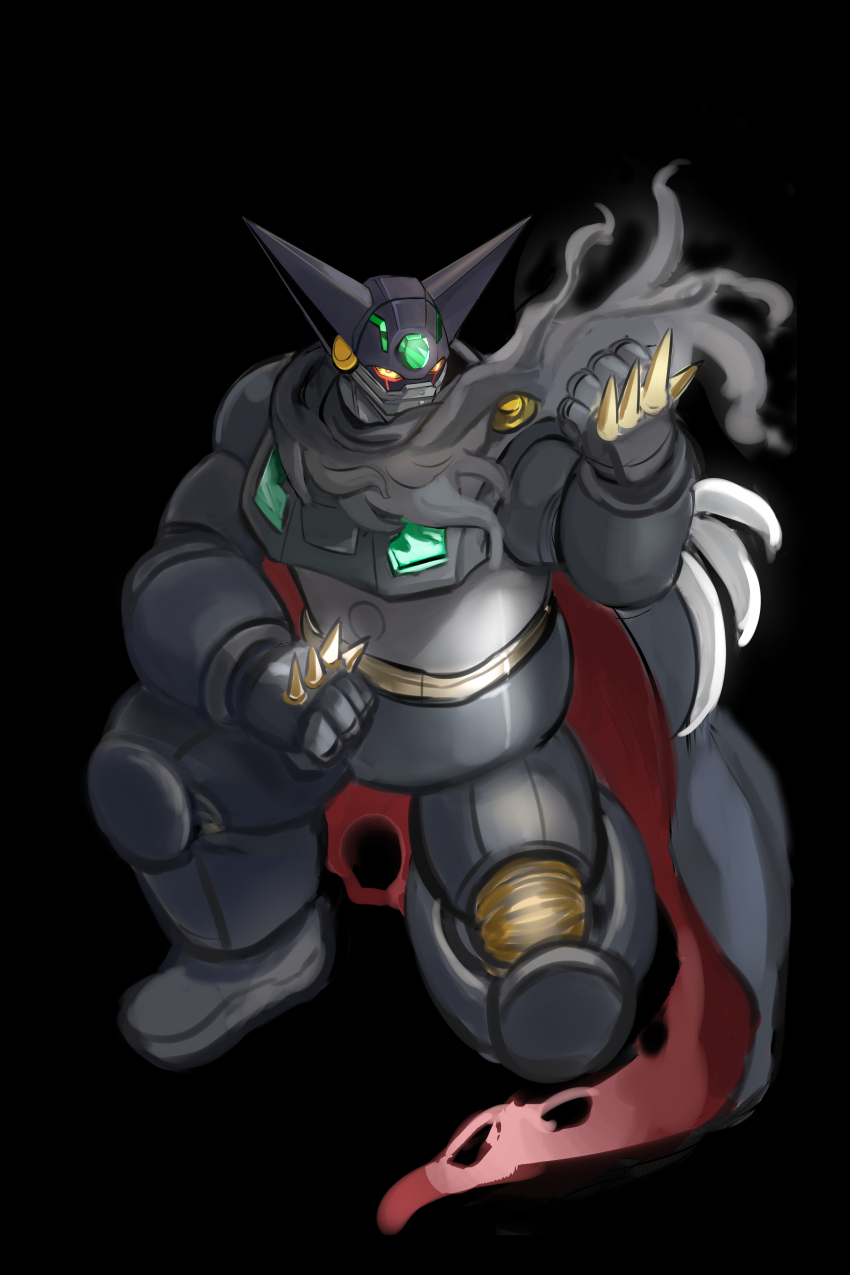 absurdres arm_blade armor black_armor black_getter cape colored_sclera forehead_jewel gem getter_robo green_gemstone hand_up highres magett mecha mecha_focus on_one_knee red_cape red_eyes robot shin_getter_robo spiked_knuckles super_robot torn_cape torn_clothes two-sided_cape two-sided_fabric weapon yellow_sclera