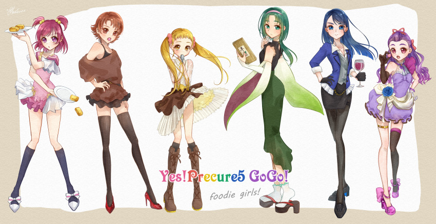 6+girls absurdres akimoto_komachi apron arm_warmers asymmetrical_gloves belt black_belt black_bra black_gloves black_pantyhose black_sandals black_shirt black_shoes black_skirt black_socks black_thighhighs blonde_hair blue_eyes blue_hair blue_jacket blush boots bow box bra brown_apron brown_boots brown_eyes brown_hair brown_shirt candy chocolate closed_mouth copyright_name cup dress dress_shirt drinking_glass elbow_gloves english_text food geta gloves grape_juice green_eyes green_hair green_skirt grey_shirt hair_bobbles hair_bow hair_ornament hair_ribbon hairband high_heel_boots high_heels highres holding holding_box holding_cup holding_plate holding_spoon jacket juice kasugano_urara_(yes!_precure_5) kneehighs long_hair long_sleeves medium_hair mimino_kurumi minazuki_karen multiple_girls natsuki_rin off_shoulder omelet open_clothes open_jacket open_mouth pantyhose pink_bow pink_eyes pink_hair pink_hairband pink_ribbon pink_scrunchie pink_shoes plate precure purple_dress purple_eyes purple_footwear purple_hair red_shoes ribbon sandals scrunchie see-through_clothes see-through_sleeves shirt shoes short_hair short_sleeves signature single_thighhigh skirt sleeveless sleeveless_dress socks spoon tamagoyaki thighhighs twintails two-tone_dress two_side_up underwear waist_apron wakuno_lemon white_dress white_gloves white_shirt white_shoes white_socks wind wind_lift wine_glass yellow_eyes yes!_precure_5 yes!_precure_5_gogo! yumehara_nozomi