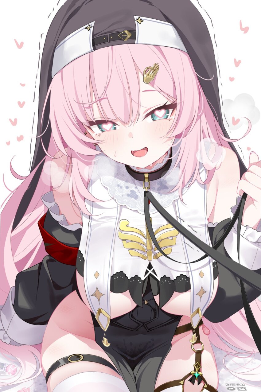 1girl aqua_eyes armband black_dress black_leash black_sleeves black_veil blush breasts detached_sleeves deyui dress drooling ear_piercing earrings fangs groin hand_hair_ornament heart heart_in_eye highres jewelry large_breasts leash leash_pull long_hair long_sleeves looking_at_viewer nun open_mouth piercing pink_hair pussy_juice_stain red_armband revision saliva simple_background sitting skin_fangs smile solo spiked_ear_piercing stained_clothes stella_sora symbol_in_eye thigh_strap thighhighs thighs trembling veil white_background white_thighhighs