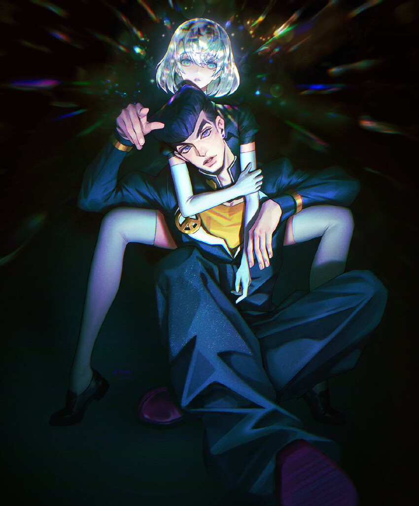 1boy 1other arm_rest arms_around_neck artist_name black_background black_footwear black_hair blue_pants c_home commentary crossed_legs crossover crystal_hair diamond_(houseki_no_kuni) diamond_wa_kudakenai earrings elbow_gloves gakuran glint gloves hair_between_eyes head_tilt higashikata_josuke highres holding_own_arm houseki_no_kuni jewelry jojo_no_kimyou_na_bouken lens_flare loafers looking_at_viewer multicolored_eyes pants parted_lips peace_symbol pointing pointing_at_viewer pompadour purple_eyes purple_footwear rainbow_eyes red_lips school_uniform shoes short_hair thighhighs white_gloves white_hair white_thighhighs