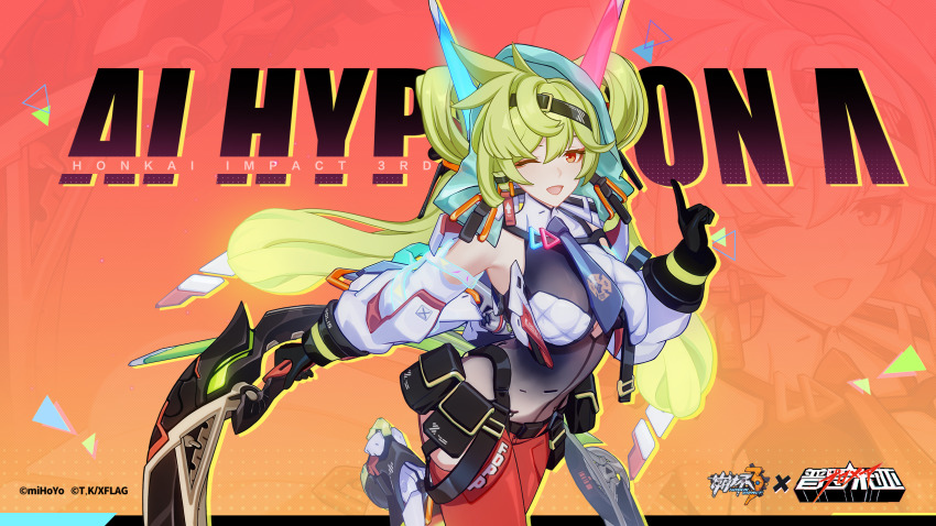 1girl artist_collaboration black_gloves blue_necktie breasts chakram character_name copyright_name cosplay galo_thymos galo_thymos_(cosplay) gloves green_hair highres holding holding_weapon honkai_(series) honkai_impact_3rd large_breasts logo long_hair looking_at_viewer necktie official_art official_wallpaper one_eye_closed open_mouth pants promare red_pants solo twintails upper_body weapon white_sleeves zoom_layer