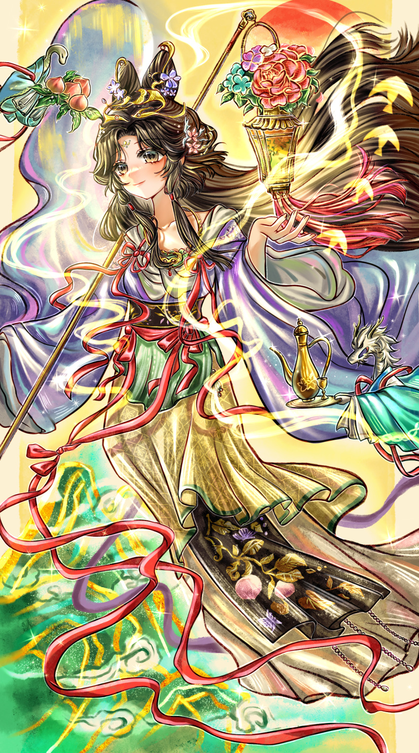 1girl absurdres black_eyes black_hair bu_zai_youyu chinese_clothes closed_mouth cloud cup dragon eastern_dragon facial_mark floating_hair food forehead_mark fruit full_body hand_up hanfu highres holding holding_food holding_fruit holding_lantern holding_tray huadian jiu_niangzi jiu_niangzi_(blossom_spring_fairy) kettle lantern long_hair long_skirt looking_up official_alternate_costume parted_bangs peach purple_hanfu red_ribbon reverse:1999 ribbon skirt smile smoke snake solo tray very_long_hair yellow_background yellow_skirt