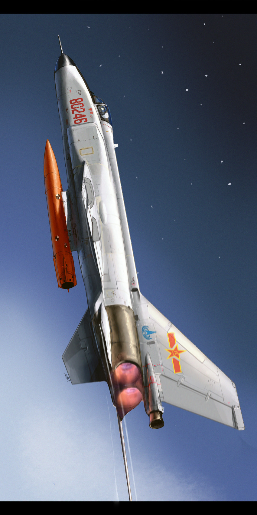 absurdres air-to-space_missile aircraft airplane anti-satellite_missile anti-satellite_weapon asterozoa blue_background cloud commentary earth-to-space_weapon english_commentary fighter_jet gradient_background highres letterboxed military_vehicle missile night night_sky no_humans original sideways sky space_weapon star_(sky) tagme vehicle_focus