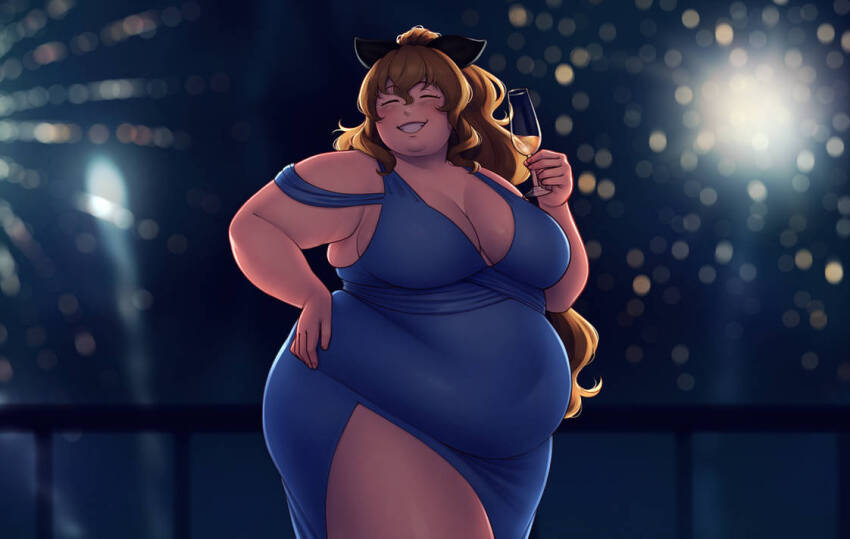 1girl better-with-salt blonde_hair blue_dress breasts cleavage closed_eyes dress fat fat_woman grin large_breasts long_hair new_year obese satou_lilly smile solo standing thick_arms thick_thighs thighs