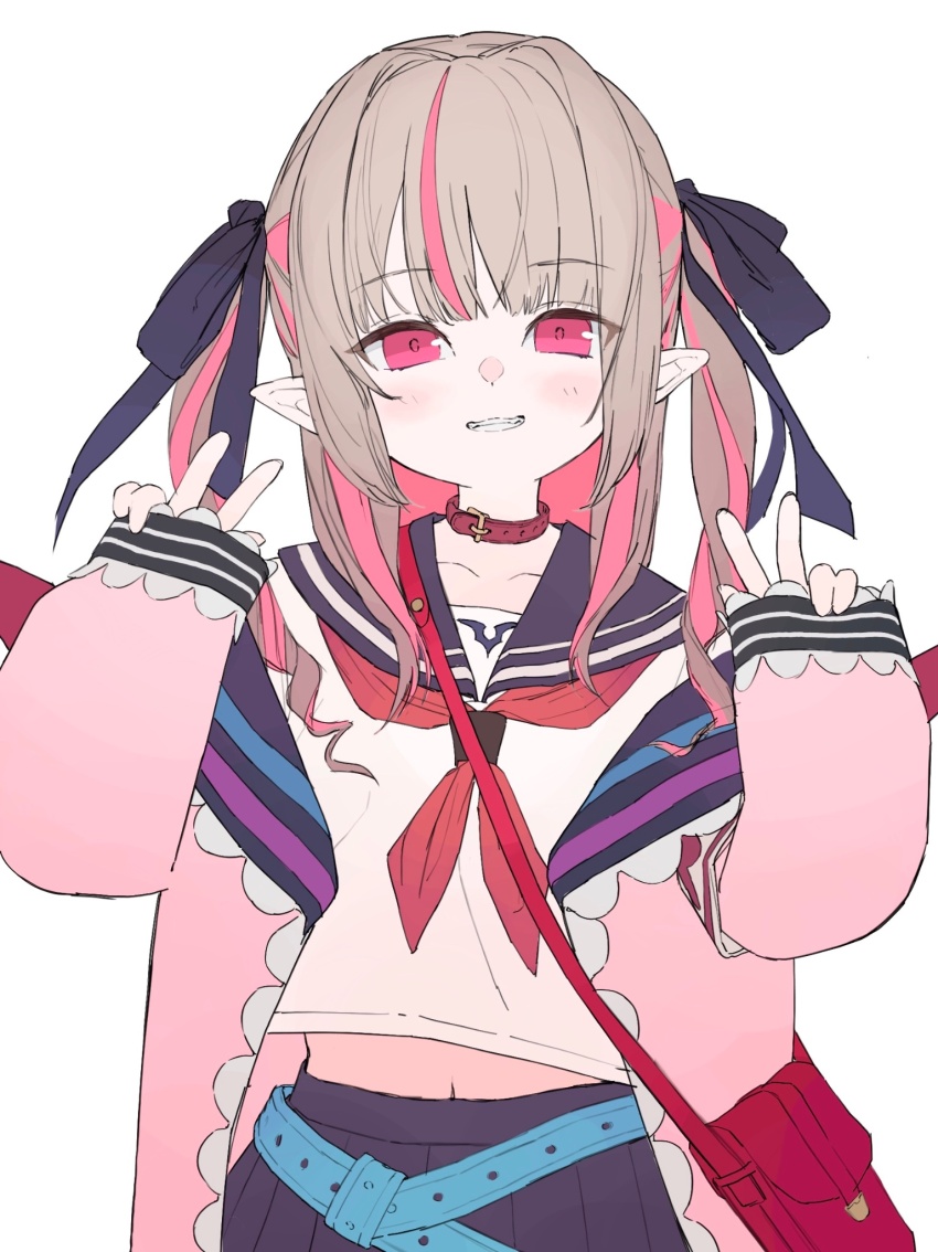 1girl bag belt black_ribbon black_sailor_collar black_skirt blue_belt brown_hair collar double_v grin hair_ribbon hashtag-only_commentary highres jacket long_hair long_sleeves looking_at_viewer makaino_ririmu makaino_ririmu_(4th_costume) multicolored_hair navel neckerchief nijisanji open_clothes open_jacket pink_eyes pink_hair pink_jacket pleated_skirt pointy_ears red_bag red_collar red_neckerchief ribbon sailor_collar skirt sleeves_past_wrists smile solo streaked_hair suisei_lens two_side_up v virtual_youtuber