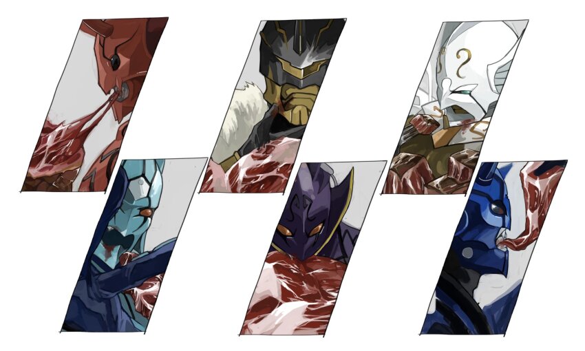 6+boys armor bear bird biting blood blood_on_face blood_on_mouth blood_on_teeth blue_armor close-up dragon eating fangs food fork gold_armor highres kamen_rider kamen_rider_den-o_(series) kintaros male_focus meat momokan_0814 momotaros monster monster_boy multiple_boys nibbling oni red_armor ryutaros sieg swan teddy_(kamen_rider_den-o) teeth turtle urataros white_armor yellow_armor