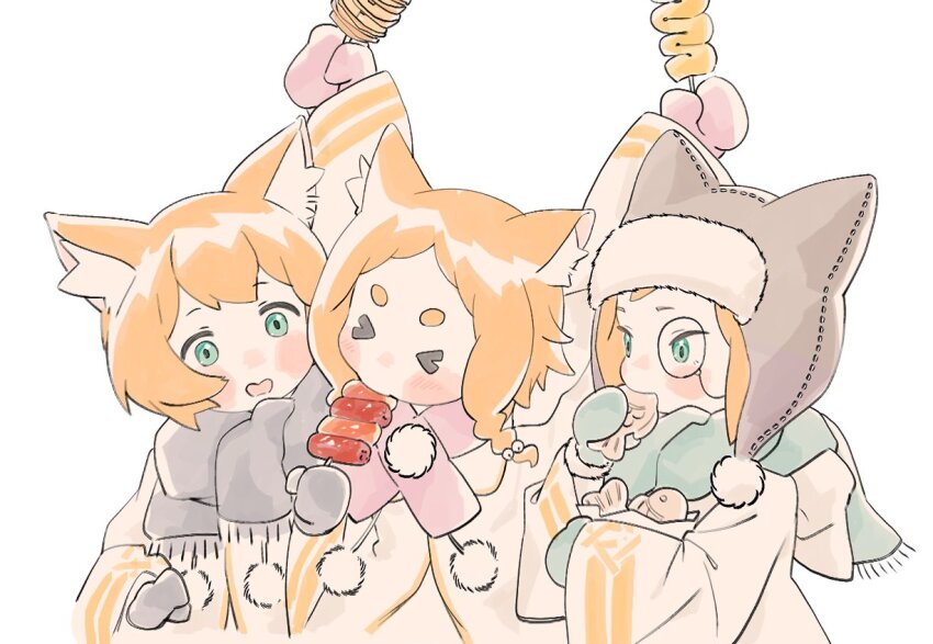 &gt;_&lt; 1girl 2boys animal_ear_fluff animal_ear_headwear animal_ears aqua_mittens aqua_scarf blush cat_ears coat commentary dangdidangdi eating fake_animal_ears food fur-trimmed_headwear fur_trim green_eyes grey_mittens grey_scarf hashtag-only_commentary hat heitarou_pearlbaton holding holding_food holding_skewer long_sleeves looking_at_another mimi_pearlbaton mittens monocle multiple_boys orange_hair pink_mittens pink_scarf pom_pom_(clothes) re:zero_kara_hajimeru_isekai_seikatsu scarf short_hair siblings simple_background skewer symbol-only_commentary taiyaki tivey_pearlbaton triplets upper_body wagashi white_background white_coat wide_sleeves