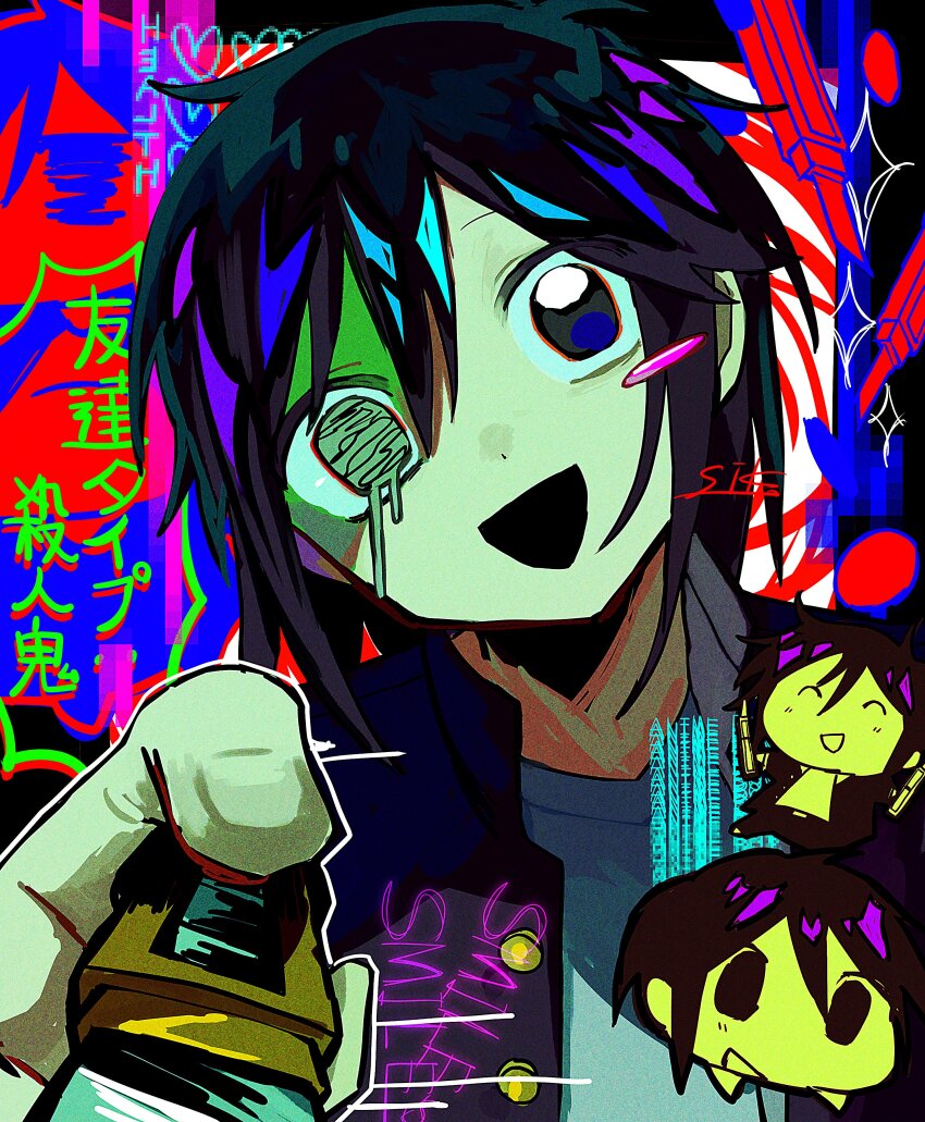 1boy absurdres black_eyes black_hair blush_stickers boxcutter commentary english_commentary gakuran green_eyes head_tilt heterochromia highres holding holding_boxcutter looking_at_viewer male_focus melting_eyes multiple_views randal&#039;s_friends school_uniform shiku_sik short_hair translation_request tsukada_satoru upper_body