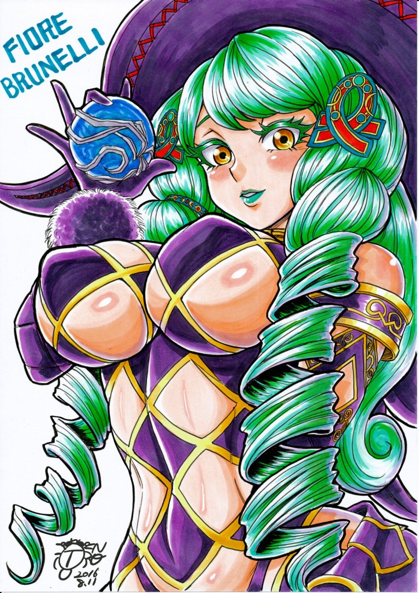1girl argyle_clothes argyle_cutout black_gloves black_hat breasts clothing_cutout commentary_request dated drill_hair elbow_gloves fiore_brunelli gloves green_hair hair_ornament hat highres large_breasts long_hair looking_at_viewer makeup revealing_clothes simple_background solo star_ocean star_ocean_integrity_and_faithlessness twin_drills white_background witch_hat yellow_eyes