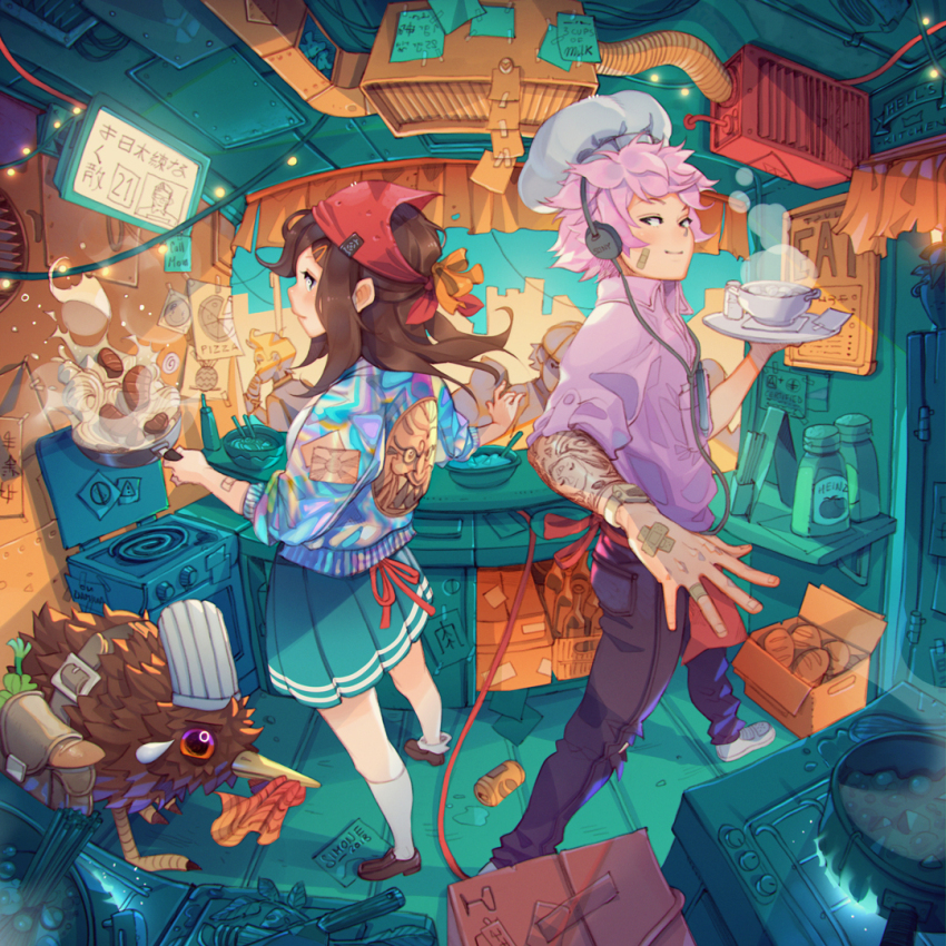 1boy 1girl apron aqua_skirt arm_tattoo artist_name awning bandaid bandaid_on_arm bandaid_on_cheek bandaid_on_face bandaid_on_finger bandaid_on_hand bird black_headphones black_pants blue_sky bowl box bread brown_hair brown_shoes can chef_hat chopsticks closed_mouth commentary cooking cooking_pot counter dated door drink_can english_commentary fire food food_stand frying_pan hat headscarf holding holding_frying_pan holding_plate indoors jacket ketchup_bottle kiwi_(bird) knife light_smile looking_back meatball menu multicolored_jacket noodles original pants people pink_hair pink_shirt plate pleated_skirt red_apron red_headscarf salt_shaker shirt shoes simz skirt sky skyline socks soda_can steam stove tattoo torn_clothes torn_pants watch white_hat white_shirt white_shoes white_socks wristwatch