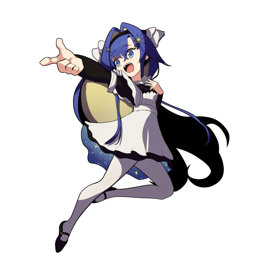 1girl :o absurdres black_dress black_hairband black_shoes blonde_hair blue_eyes blue_hair colored_inner_hair dress floating_hair full_body hair_intakes hair_ornament hairband hand_on_own_chest highres jumping leg_up long_hair long_sleeves looking_to_the_side mary_janes multicolored_hair open_mouth outstretched_arm pantyhose pointing reverse:1999 school_uniform shoes short_dress snapping_fingers solo soviet_school_uniform star_(symbol) star_hair_ornament starry_sky_print thiepriest transparent_background turning_head very_long_hair voyager_(reverse:1999) white_pantyhose