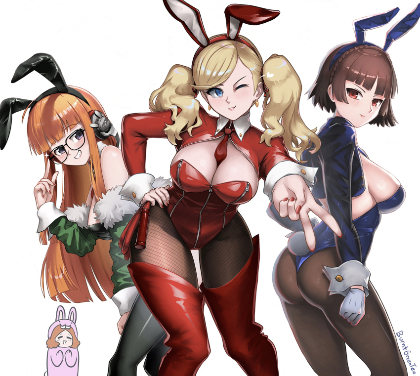 4girls animal_costume animal_ears ass black_leotard blonde_hair blue_eyes blue_leotard boots braid breasts brown_hair burnt_green_tea cleavage cropped_jacket crown_braid fake_animal_ears female_focus fishnet_pantyhose fishnets glasses gloves green_jacket grin hairband highres jacket large_breasts leaning_forward leotard long_sleeves looking_at_viewer multiple_girls niijima_makoto okumura_haru one_eye_closed orange_hair pantyhose persona persona_5 playboy_bunny rabbit_costume rabbit_ears red_boots red_eyes red_nails red_thighhighs sakura_futaba sideboob simple_background smile standing takamaki_anne thigh_boots thighhighs thong thong_leotard twintails whip white_gloves wink wrist_cuffs