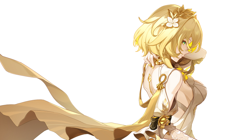 1girl absurdres aglaea_(honkai:_star_rail) ancient_greek_clothes blonde_hair breasts chinese_commentary commentary_request dress flower from_side greco-roman_clothes green_eyes hair_flower hair_ornament highres honkai:_star_rail honkai_(series) large_breasts laurel_crown simple_background solo upper_body via_shinan white_background white_dress
