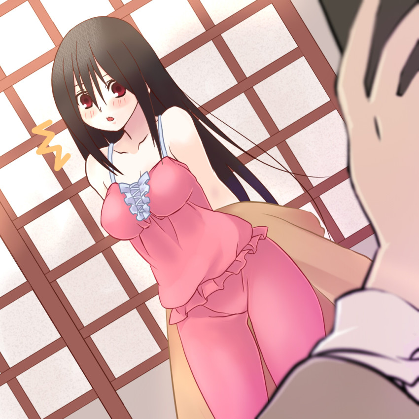 00s 1boy 1girl bare_shoulders black_hair blanket blush breasts ekra itoshiki_nozomu komori_kiri large_breasts long_hair pajamas red_eyes sayonara_zetsubou_sensei