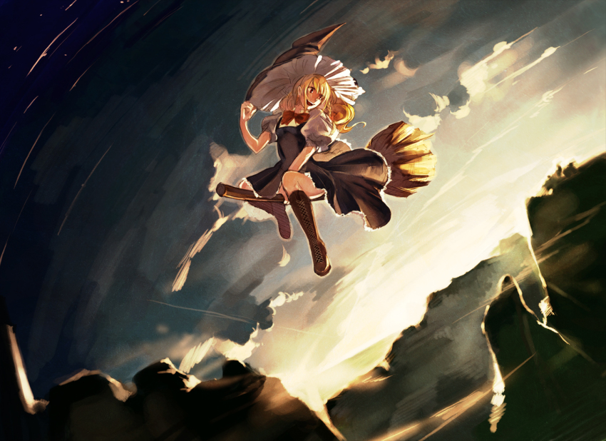 1girl amano_hana broom broom_riding canyon cloud female_focus kirisame_marisa outdoors sky smile solo touhou
