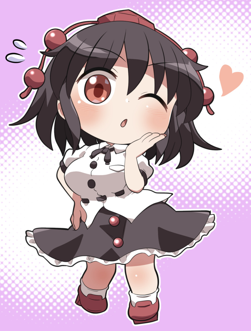1girl black_skirt blowing_kiss blush breasts brown_hair buttons chibi chibi_only collared_shirt commentary_request flying_sweatdrops frilled_skirt frills full_body geta hat heart highres looking_at_viewer one_eye_closed open_mouth outline pink_background pom_pom_(clothes) puffy_short_sleeves puffy_sleeves red_eyes red_hat red_sandals rokugou_daisuke sandals shameimaru_aya shirt short_hair short_sleeves signature skirt socks solo standing tokin_hat touhou white_outline white_shirt white_socks