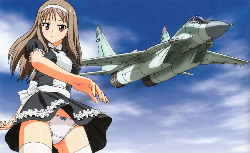 1girl absurdres aircraft airplane airplane_wing artbook back_bow black_dress black_neckwear blush bow bow_panties breasts brown_eyes brown_hair closed_mouth cloud crotch_seam dress flying frilled_dress frilled_panties frills headband highres long_hair looking_at_viewer medium_breasts mig-29 military military_vehicle original panties sash short_sleeves sky solo standing thighhighs underwear vehicle_focus white_panties white_thighhighs wind wind_lift yamauchi_noriyasu