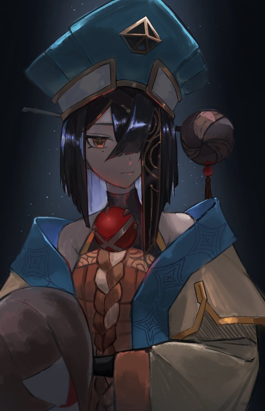 1girl absurdres aqua_headwear black_hair chinese_clothes closed_mouth colored_inner_hair dark_background expressionless fate/grand_order fate_(series) hair_over_one_eye highres long_sleeves looking_at_viewer medium_hair mole mole_under_eye multicolored_hair orange_eyes simple_background solo stuffed_toy upper_body xu_fu_(fate) xu_fu_(first_ascension)_(fate) yamada_raen