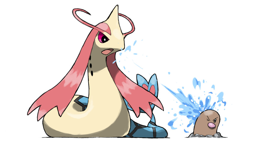 animal_focus blacknirrow colored_sclera commission diglett game_freak gen_1_pokemon gen_3_pokemon highres milotic nintendo no_humans one_eye_closed open_mouth pixiv_commission pokemon pokemon_(creature) pokemon_focus pokemon_move red_sclera simple_background v-shaped_eyebrows water water_gun_(pokemon) white_background