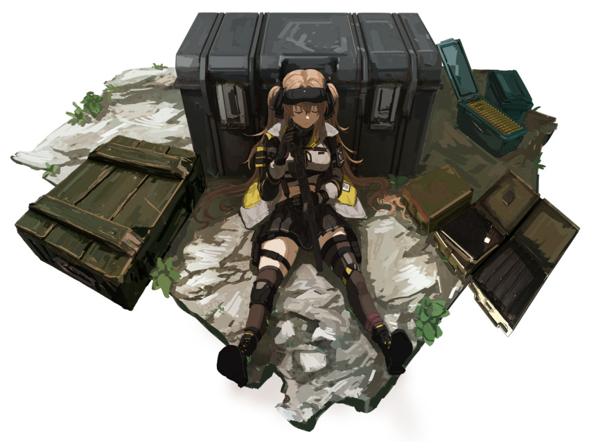 1010kman 1girl ammunition_box black_gloves black_ribbon black_socks black_thighhighs boots breasts brown_hair closed_eyes crop_top full_body girls&#039;_frontline girls&#039;_frontline_2:_exilium gloves goggles goggles_on_head holding holding_weapon jacket kneehighs lenna_(girls&#039;_frontline_2) midriff_peek pleated_skirt pouch ribbon single_kneehigh single_sock single_thighhigh sitting skindentation skirt small_breasts socks solo thigh_pouch thigh_strap thighhighs transparent_background twintails ump9_(girls&#039;_frontline) weapon