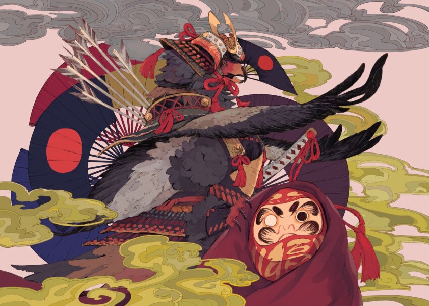 animal animal_focus armor arrow_(projectile) beak bird black_eyes clothed_animal cloud daruma_doll folding_fan from_behind hand_fan helmet japanese_armor kabuto_(helmet) kusazuri mouth_hold no_humans original pink_background shin_guards solo talons tassel tonbippo08 vulture wings