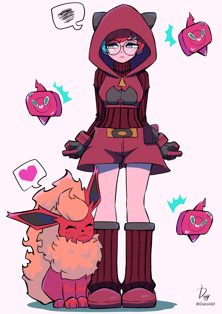 1girl :3 absurdres blue_eyes blue_hair blush cellphone cosplay flareon frown full_body gen_1_pokemon gen_4_pokemon glasses gloves grey_eyes grin heart highres hood hood_up horned_hood horns ida_(idalol490) kneehighs multicolored_hair nintendo orange_fur penny_(pokemon) phone pokemon pokemon_(creature) pokemon_oras pokemon_sv red_footwear red_gloves red_hair red_shorts red_socks red_sweater rotom round_eyewear shoes short_hair shorts signature simple_background smartphone smile socks spoken_heart standing sweater team_magma team_magma_grunt team_magma_grunt_(cosplay) team_magma_logo team_magma_uniform turtleneck turtleneck_sweater two-tone_hair very_short_hair white_background yellow_fur