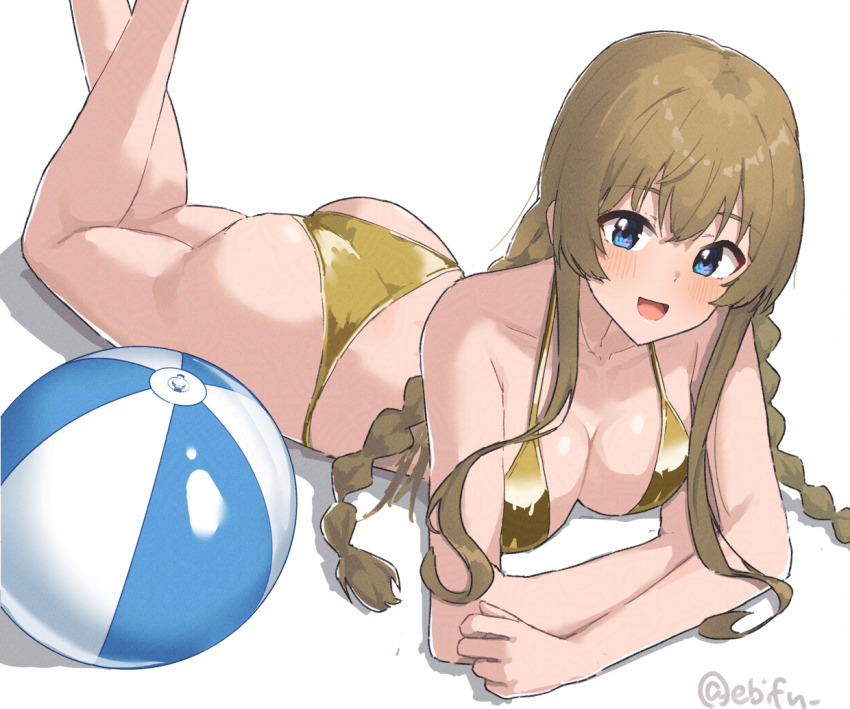 1girl ass ball bare_arms bare_legs beachball bikini blue_eyes blush braid breasts brown_hair collarbone ebifu feet_out_of_frame gold_bikini idolmaster idolmaster_million_live! kousaka_umi legs_up long_hair looking_at_viewer lying on_stomach open_mouth simple_background smile solo swimsuit twin_braids twitter_username white_background