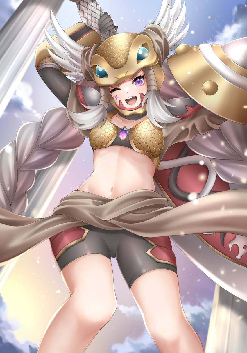 1girl ;d absurdres arm_armor arm_up armor bike_shorts black_gloves black_tube_top blue_sky braid breasts buckler chest_jewel cloud collarbone commentary cosplay day digimon elbow_gloves gem gloves gold_helmet grey_hair groin hair_ribbon helmet highres holding holding_shield holding_sword holding_weapon hololive hololive_english huge_weapon jewel_under_eye koseki_bijou long_hair looking_at_viewer midriff minervamon minervamon_(cosplay) navel one_eye_closed open_mouth popcornflakes purple_eyes purple_gemstone ribbon shield shoulder_pads sky small_breasts smile solo standing strapless sword teeth tress_ribbon tube_top twin_braids upper_teeth_only very_long_hair virtual_youtuber waist_cape weapon winged_helmet