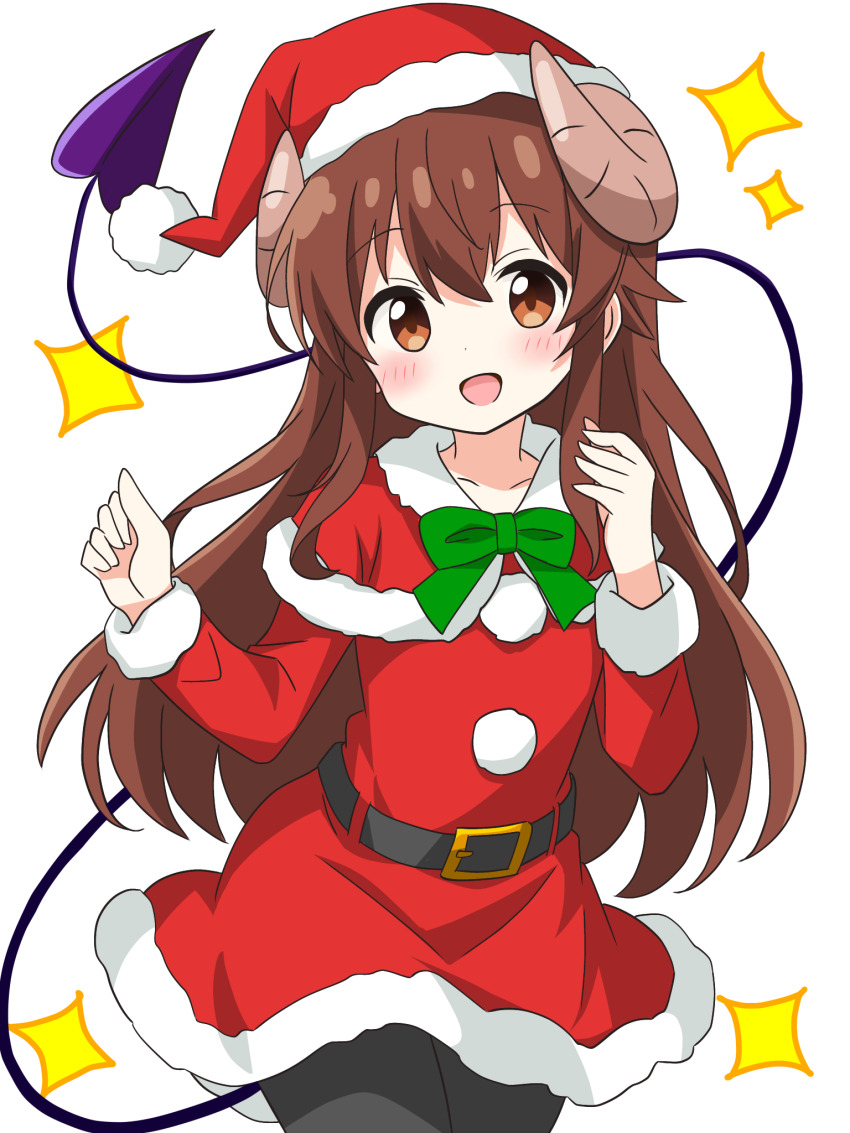 1girl :d alternate_costume black_pantyhose blush bow brown_eyes brown_hair capelet commentary_request cowboy_shot curled_horns demon_girl demon_horns demon_tail dress fur-trimmed_capelet fur-trimmed_dress fur-trimmed_headwear fur-trimmed_sleeves fur_trim green_bow hair_between_eyes hands_up happy hat highres horns kotatsu-mazoku long_hair long_sleeves looking_at_viewer machikado_mazoku open_mouth pantyhose pom_pom_(clothes) red_capelet red_hat santa_costume santa_dress santa_hat sidelocks simple_background smile solo sparkle tail tail_raised tareme very_long_hair white_background yoshida_yuuko_(machikado_mazoku)