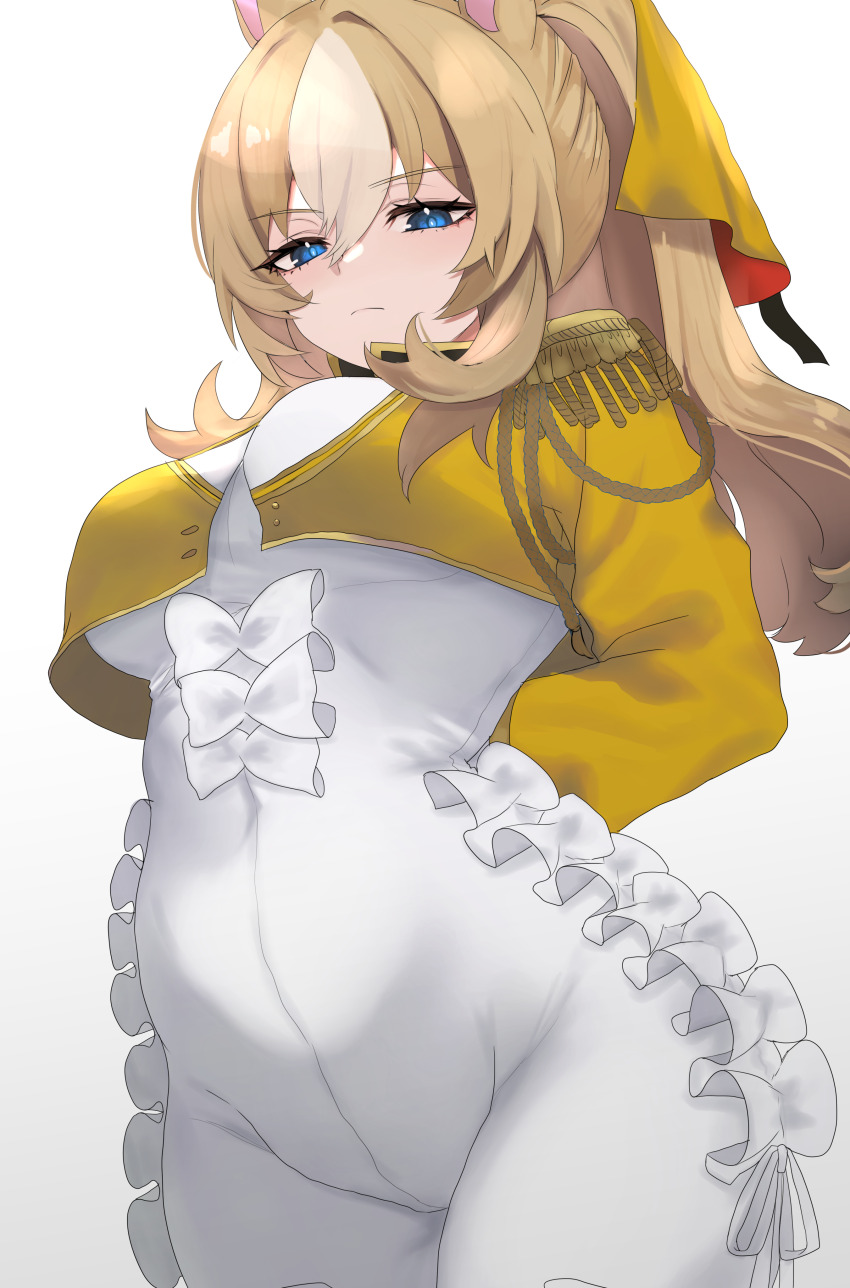 1girl absurdres animal_ears arms_behind_back blonde_hair blue_eyes bodysuit commentary durandal_(umamusume) epaulettes frilled_bodysuit from_below highres horse_ears horse_girl long_hair looking_at_viewer looking_down multicolored_hair ponytail simple_background solo toa510 two-tone_hair umamusume white_background white_bodysuit white_hair