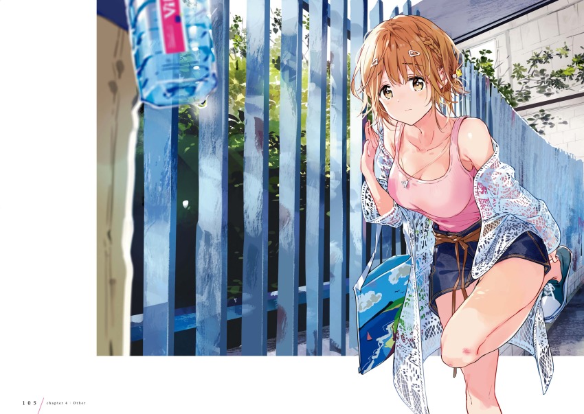1girl bag blurry blurry_foreground bottle braid breasts bright_pupils brown_eyes brown_hair cleavage closed_mouth denim denim_skirt depth_of_field female_focus french_braid highres jewelry koiwai_yoshino large_breasts leaning_forward leg_up looking_at_viewer masamune-kun_no_revenge miniskirt necklace off_shoulder outdoors shoes short_hair shoulder_bag side_braid skirt sneakers solo standing standing_on_one_leg tank_top tearing_up tiv water_bottle white_pupils