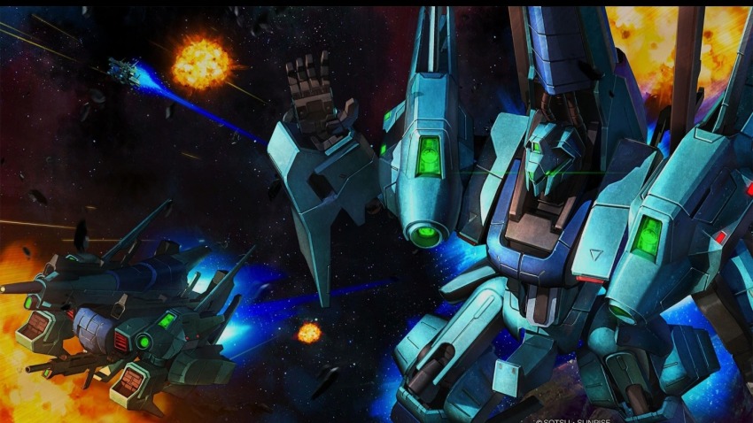 aeug alternate_form battle beam_cannon beam_rifle company_name copyright_notice energy_beam energy_gun explosion glowing glowing_eyes green_eyes gundam gundam_battle_operation_2 gundam_msv lens_flare machinery mecha mecha_focus methuss_kai mobile_suit official_art painting_(medium) realistic robot scan science_fiction space sunrise_(company) tenjin_hidetaka thrusters traditional_media weapon zeta_gundam