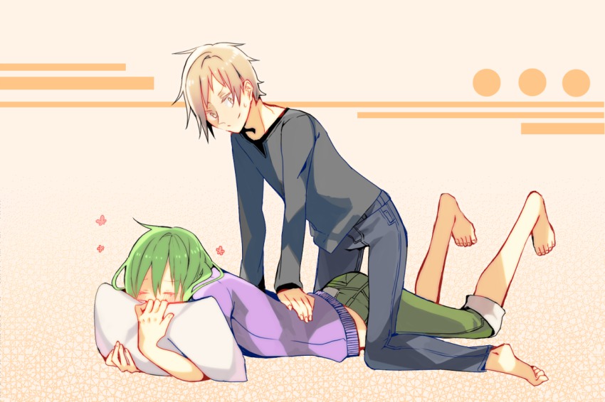 1boy 1girl bad_id bad_pixiv_id barefoot blush brown_eyes brown_hair closed_eyes green_hair kagerou_project kano_shuuya kido_tsubomi long_hair massage pillow sennro short_hair