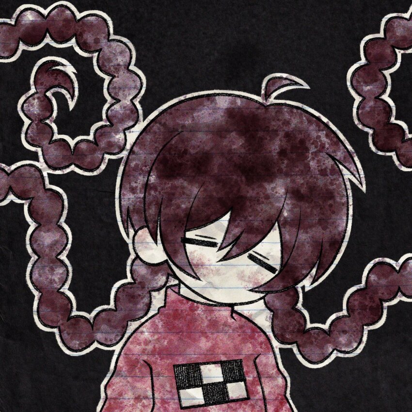 1girl ahoge black_background braid brown_hair closed_eyes cryptidhermit faux_traditional_media floating_hair highres lined_paper long_hair madotsuki no_mouth no_nose outline paper_texture simple_background solo twin_braids upper_body very_long_hair white_outline yume_nikki