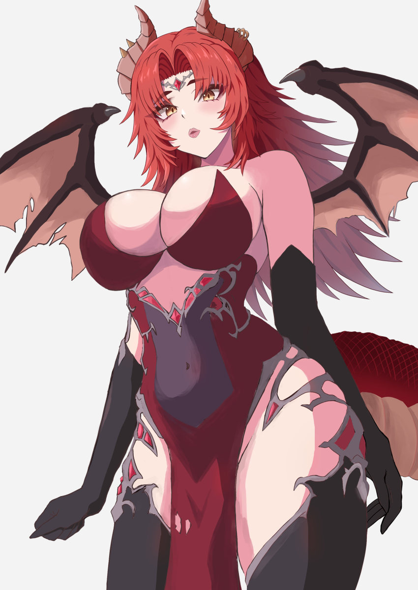 1girl absurdres black_gloves black_thighhighs breasts cleavage covered_navel dragon_girl dragon_horns dragon_tail dragon_wings dress elbow_gloves gloves highres horns indie_virtual_youtuber large_breasts long_hair looking_at_viewer meibin navel open_mouth red_dress red_hair tail thighhighs virtual_youtuber white_background wings yellow_eyes zentreya zentreya_(dragon) zentreya_(dragon)_(dungeon_master)
