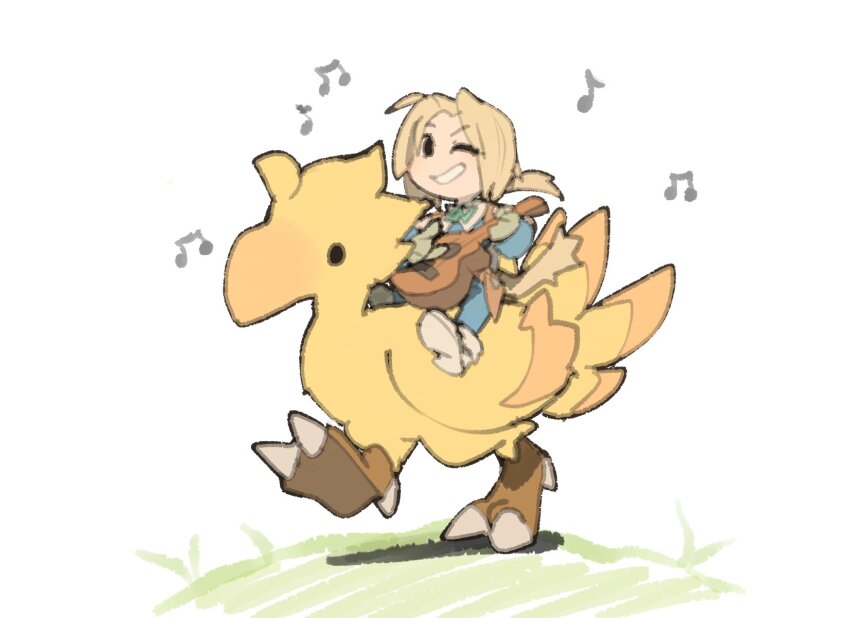 1boy ahoge bird blonde_hair blue_pants blue_vest blue_wrist_cuffs boots chocobo final_fantasy final_fantasy_ix grass grin guitar highres holding holding_guitar holding_instrument instrument low_ponytail male_focus musical_note one_eye_closed pants parted_bangs playing_guitar playing_instrument ponytail riding riding_bird short_hair_with_long_locks smile teeth temmie_chang vest white_background wrist_cuffs zidane_tribal