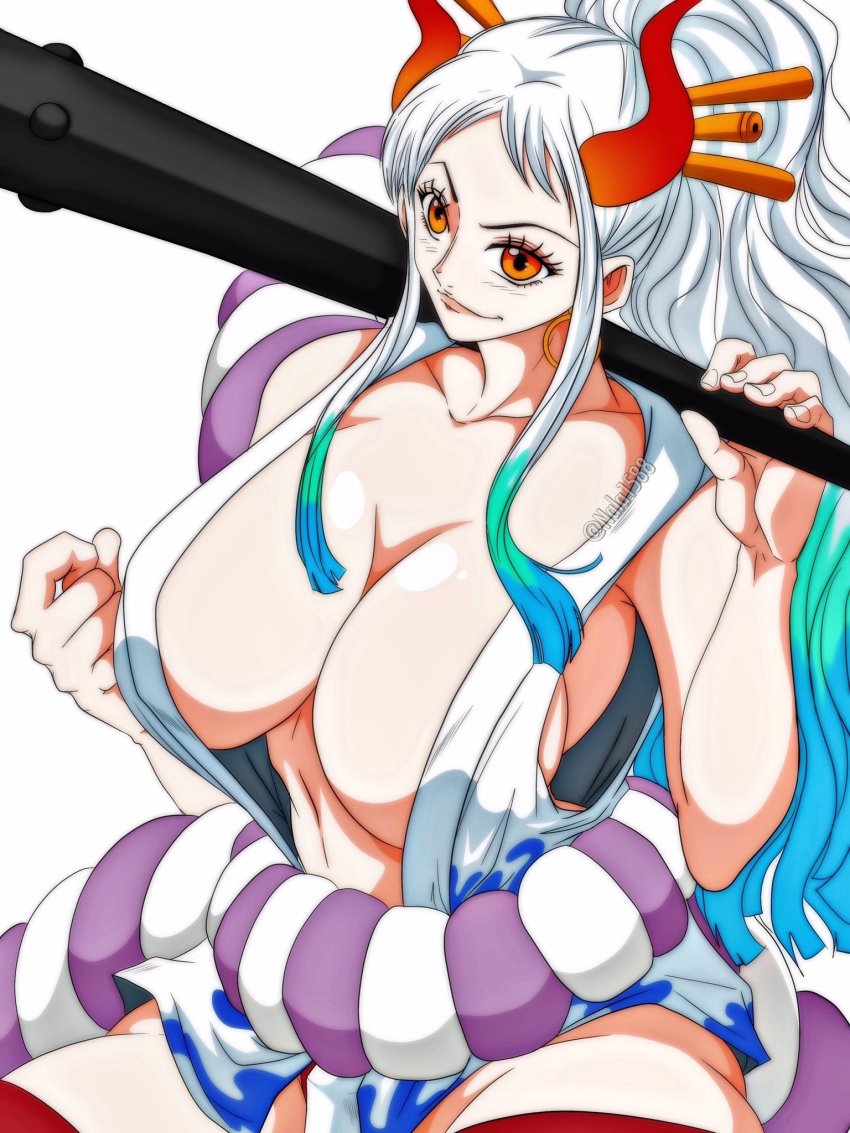 1girl breasts cleavage highres horns huge_breasts large_breasts long_hair nala1588 one_piece orange_eyes smile tagme white_hair yamato_(one_piece)