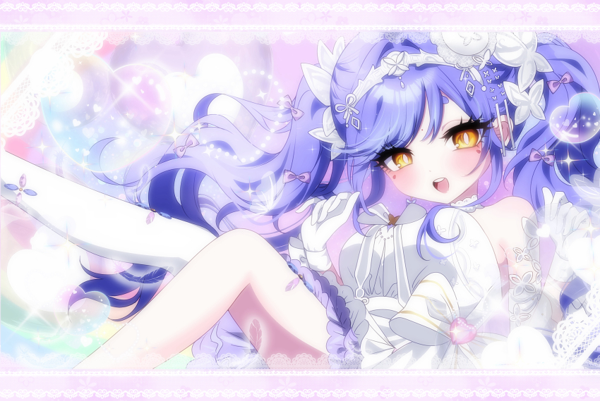 1girl azusa_(vtuber) virtuareal_link blue_hair dress frilled_dress frills gloves hands_up highres letterboxed nijisanji onayano open_mouth single_thighhigh solo sparkle teardrop_facial_mark teeth thighhighs twintails upper_teeth_only virtual_youtuber virtuareal white_dress white_gloves white_hair yellow_eyes