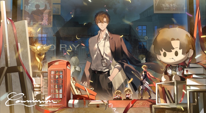 1boy absurdres ameinu belt black_jacket black_pants book brown_hair doll hands_in_pockets highres indoors jacket jacket_on_shoulders long_sleeves looking_at_viewer male_focus night pants polo_shirt quan_zhi_gao_shou shirt short_hair white_shirt window ye_xiu