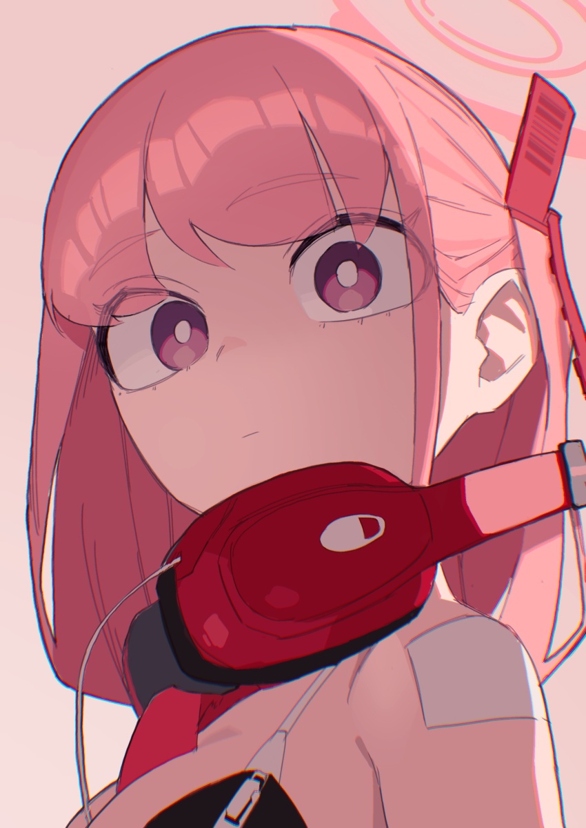 1girl between_breasts bikini black_bikini blast-7 blue_archive breasts closed_mouth commentary_request eimi_(blue_archive) hair_ornament halo headphones headphones_around_neck highres large_breasts long_hair looking_at_viewer necktie necktie_between_breasts pink_background pink_hair pink_halo portrait purple_eyes red_necktie solo swimsuit zipper_bikini